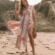Boho Print High Split One Piece Cover Up Dress, Pink / Size S Boho Print High Split One Piece Cover Up Dress, Pink / Size S