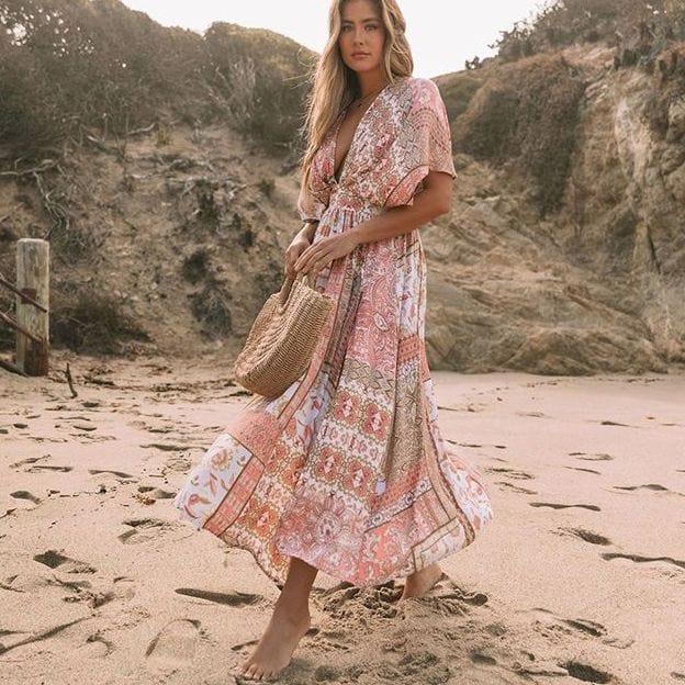 fitted lace wedding dress Boho Print High Split One Piece Cover Up Dress, Pink / Size S
