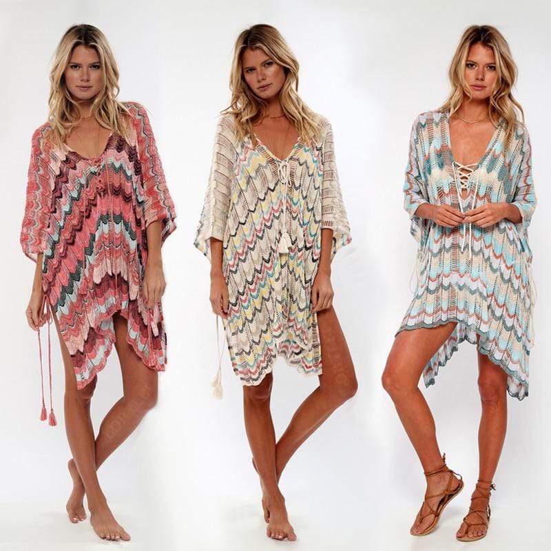 Bohemian Striped Crochet Beach Cover Up