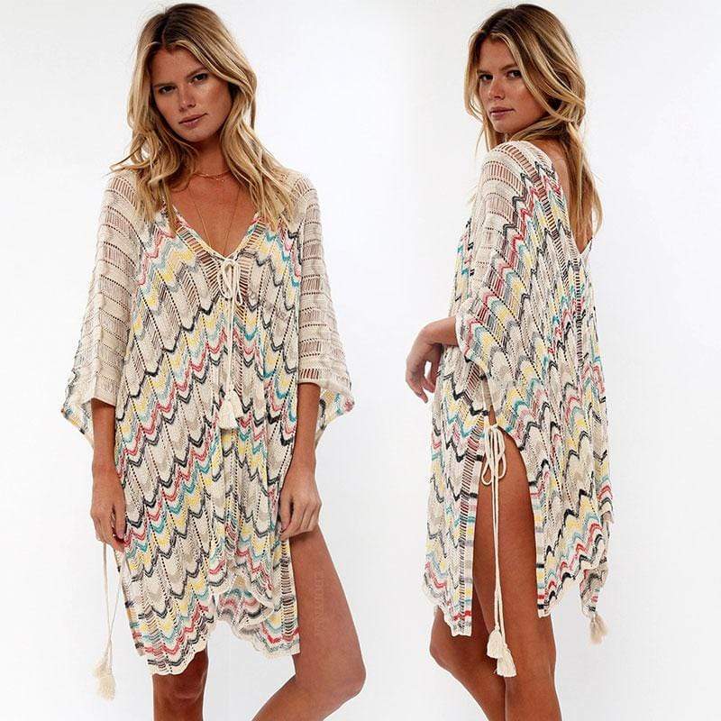 Bohemian Striped Crochet Beach Cover Up