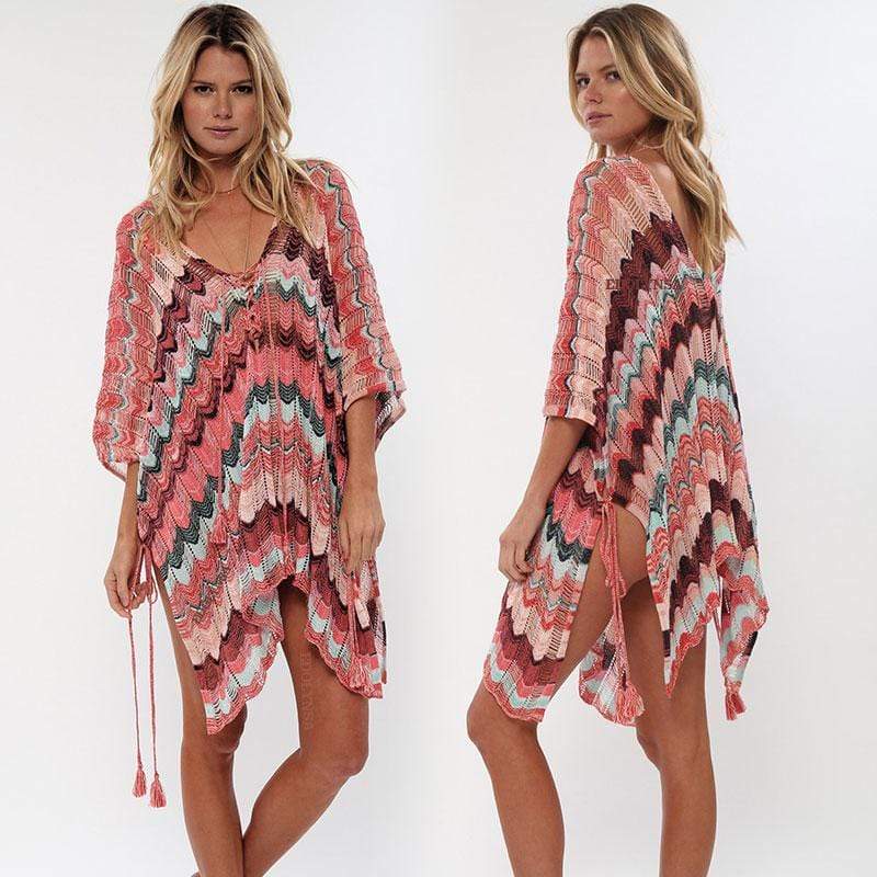 Bohemian Striped Crochet Beach Cover Up