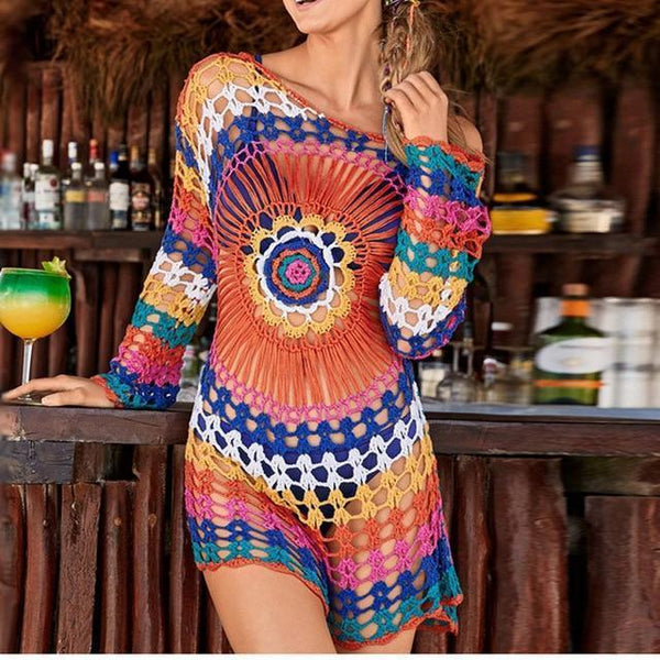 boho crochet dress Knitted Hollow Out Beach I Dress I Love that Boho Haven Natural Crochet Mini Dress
