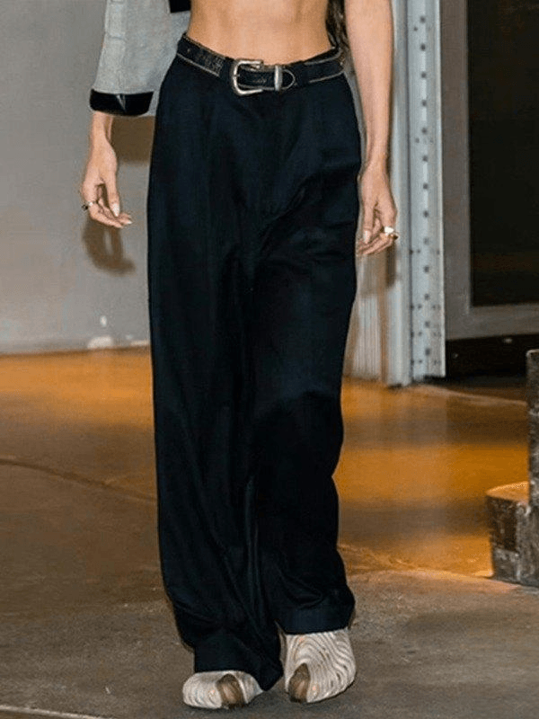 Buckle Belt Black Pleated Baggy Pants