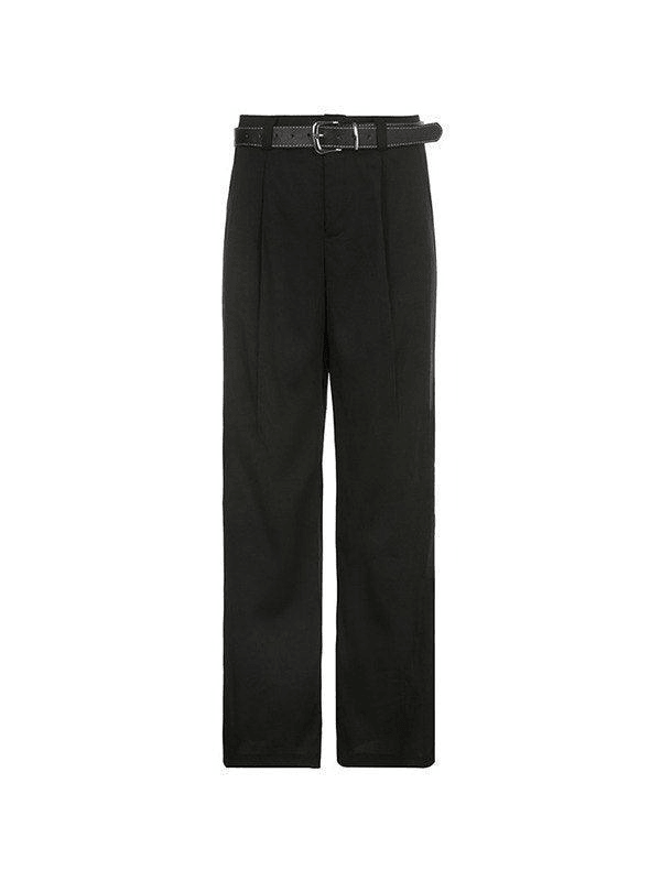 Buckle Belt Black Pleated Baggy Pants