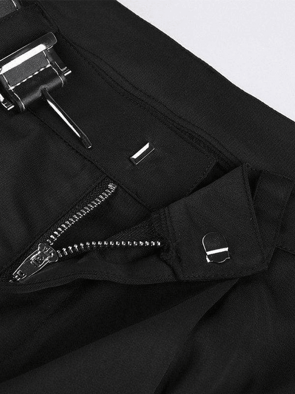 Buckle Belt Black Pleated Baggy Pants