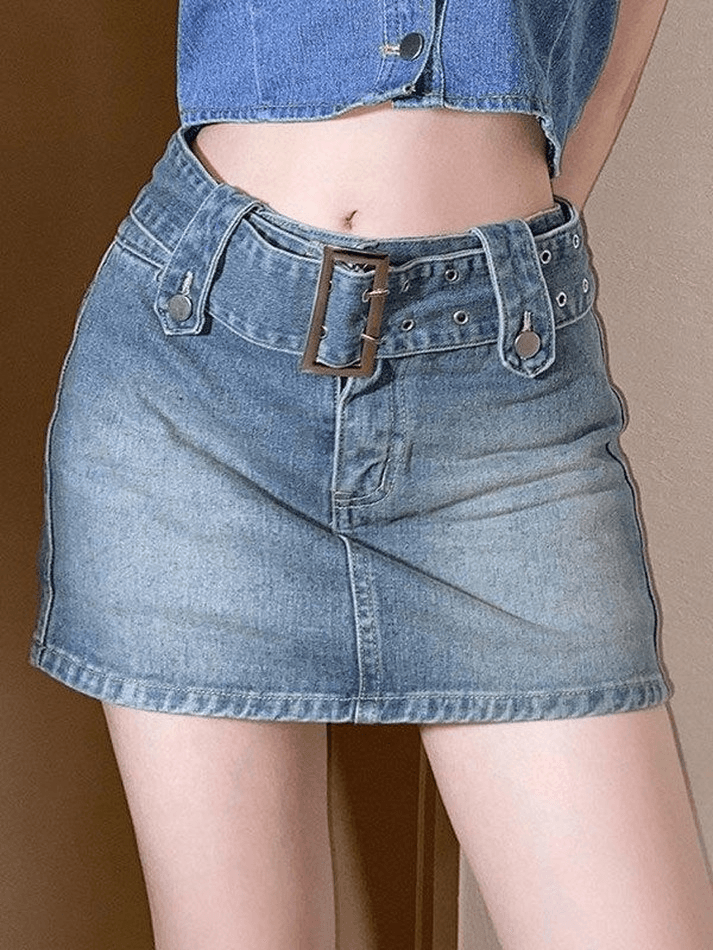 Buckle Belt Denim Mini Skirt