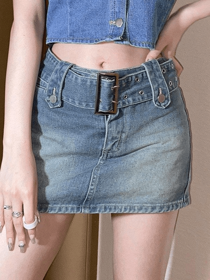 Buckle Belt Denim Mini Skirt