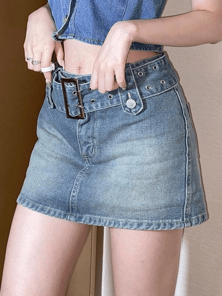 Buckle Belt Denim Mini Skirt