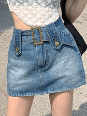 Buckle Belt Washed Denim Cargo Mini Skirt - MomyMall Blue / S