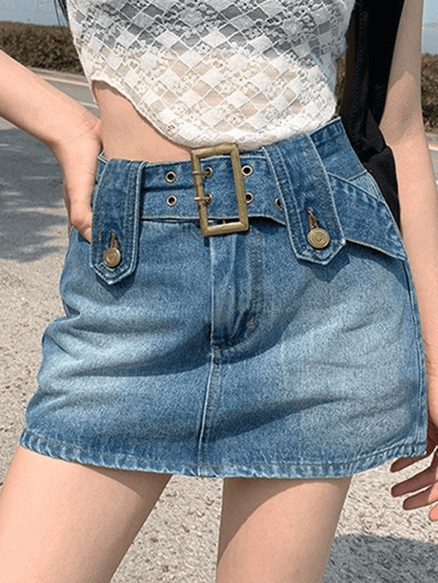 Buckle Belt Washed Denim Cargo Mini Skirt - MomyMall