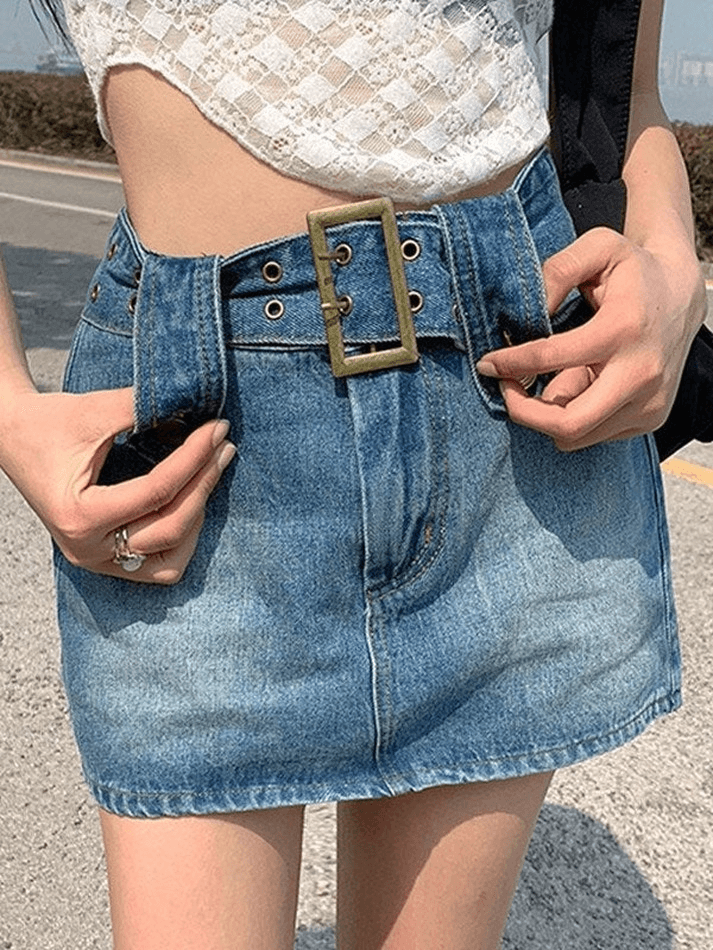 Buckle Belt Washed Denim Cargo Mini Skirt - MomyMall