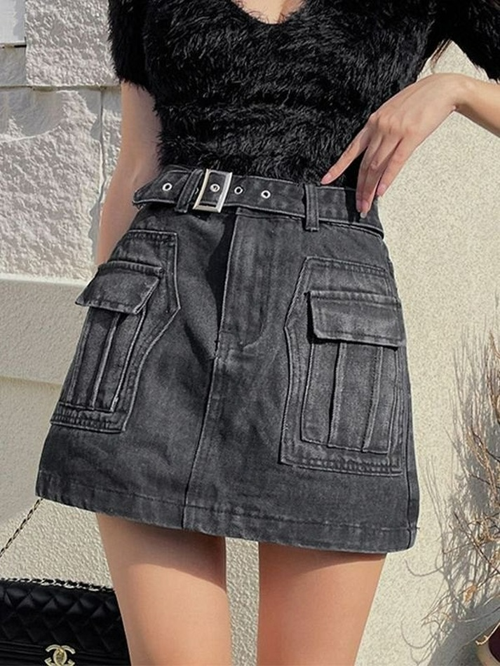 Buckle Belted Pocket Denim Mini Skirt