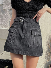 Buckle Belted Pocket Denim Mini Skirt