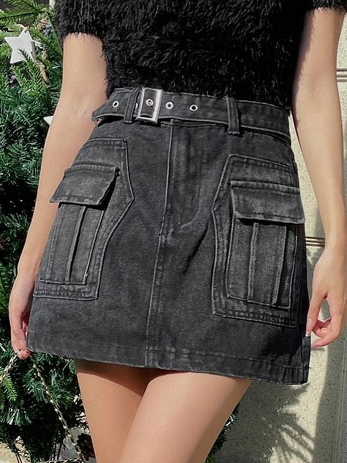 Buckle Belted Pocket Denim Mini Skirt