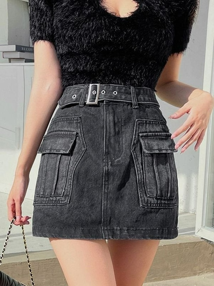 Buckle Belted Pocket Denim Mini Skirt