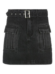 Buckle Belted Pocket Denim Mini Skirt
