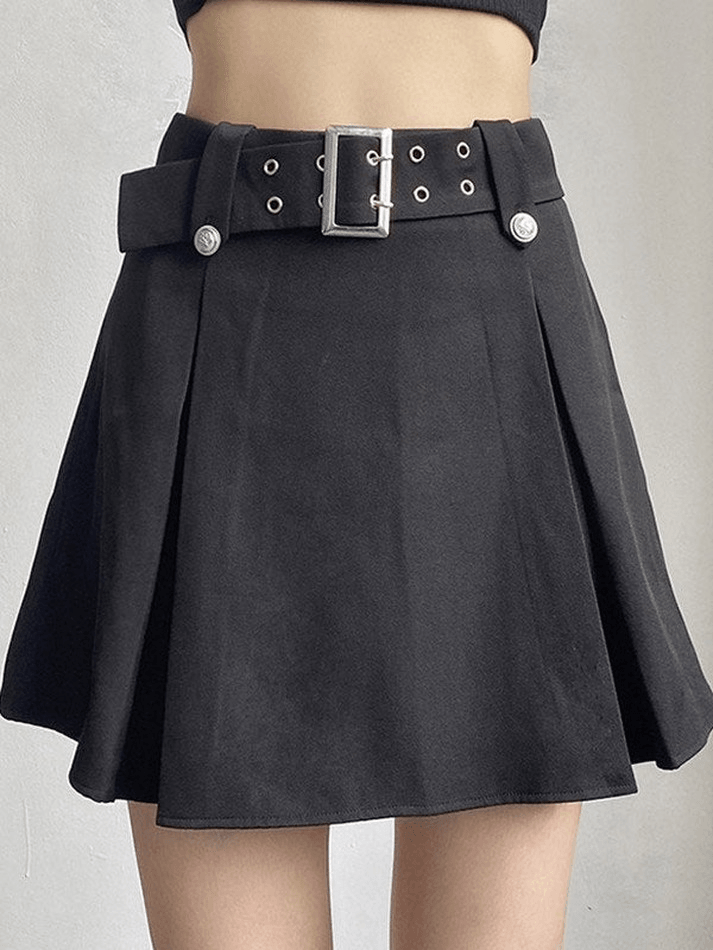 Buckled Belt Pleated Mini Skirt