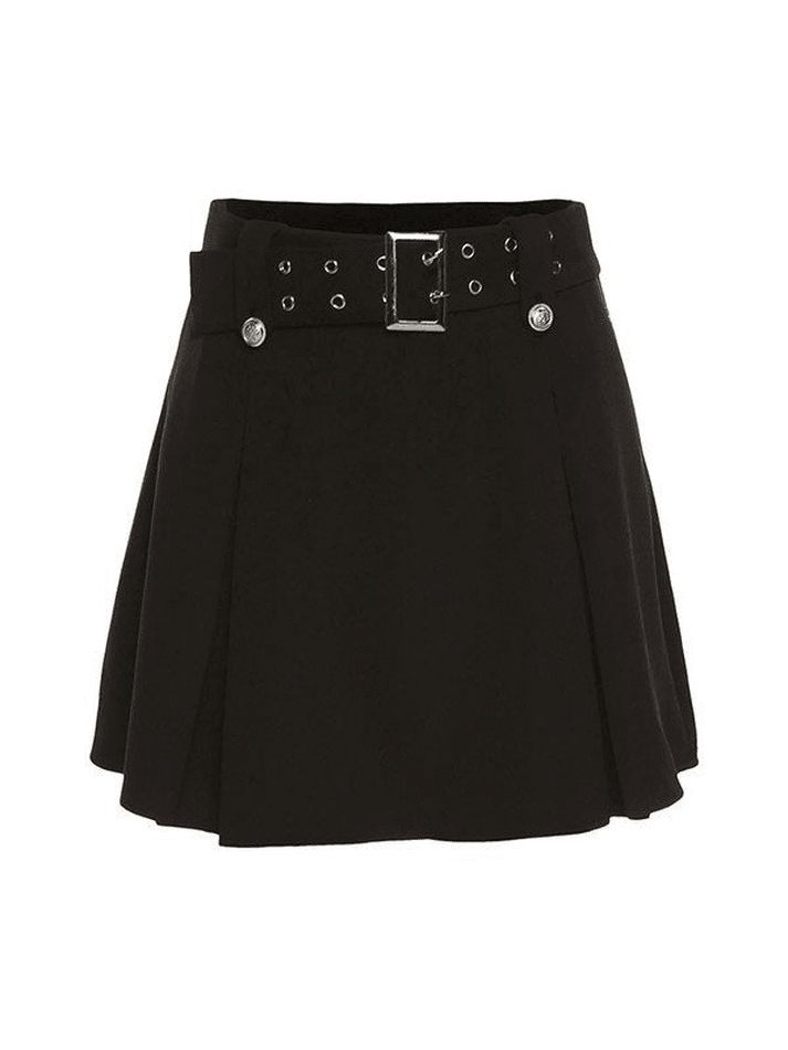 Buckled Belt Pleated Mini Skirt