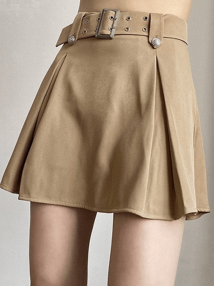 Buckled Belt Pleated Mini Skirt