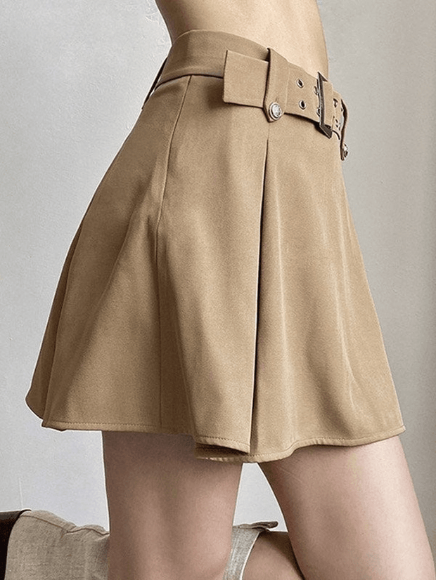 Buckled Belt Pleated Mini Skirt