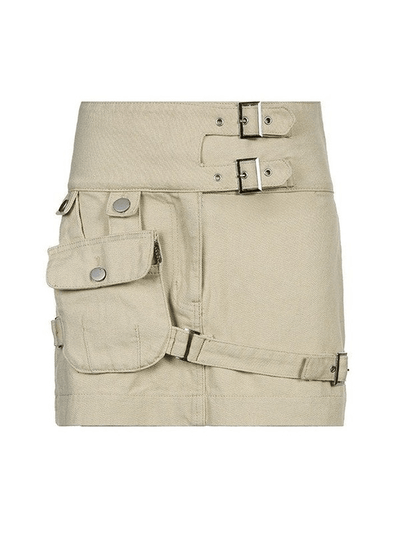 Buckled Strap Denim Cargo Mini Skirt - MomyMall White / S