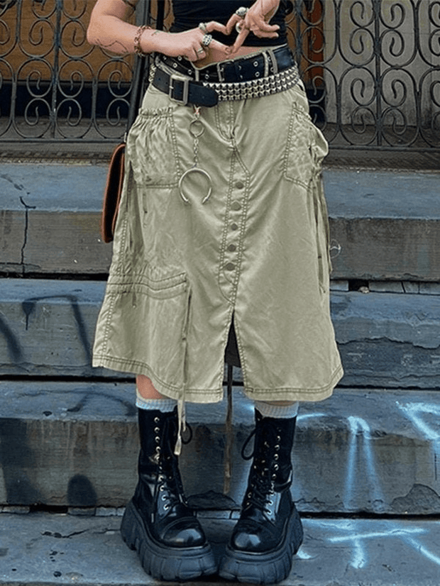 Buttoned Split Long Cargo Skirt - MomyMall Gray / S