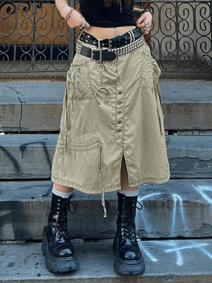 Buttoned Split Long Cargo Skirt - MomyMall