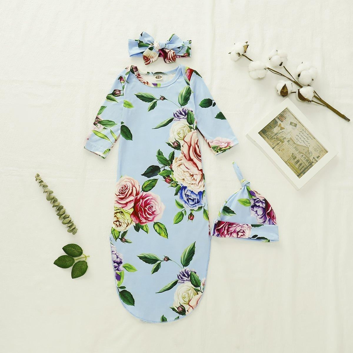 NewBorn Floral Print Pajamas and Headband - MomyMall