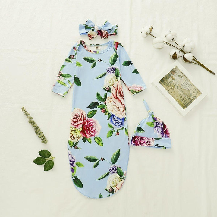 NewBorn Floral Print Pajamas and Headband - MomyMall Blue / 0-6Months