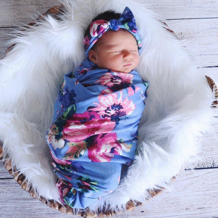 Cute NewBorn Flower Floral Printed Swaddle Sleeping Bag And Headband Baby Set - MomyMall Newborn / Blue