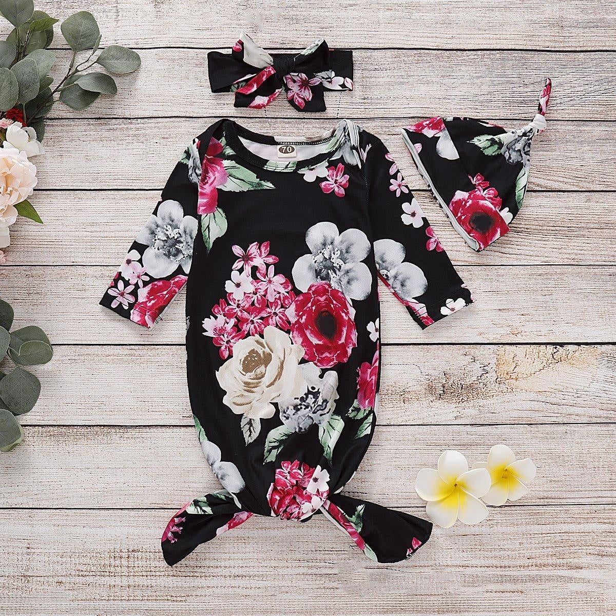 NewBorn Floral Print Pajamas with Headband - MomyMall