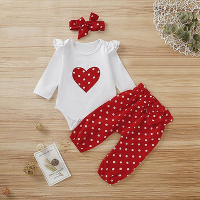 3PCS Newborn Baby Girl Heart-shaped Printed Long Sleeve Romper With Red Polka Dot Pants Set - MomyMall White / 0-3 Months