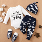 3PCS New To The Crew Letter Dinosaur Printed Baby Set - MomyMall White / 0-3 Months