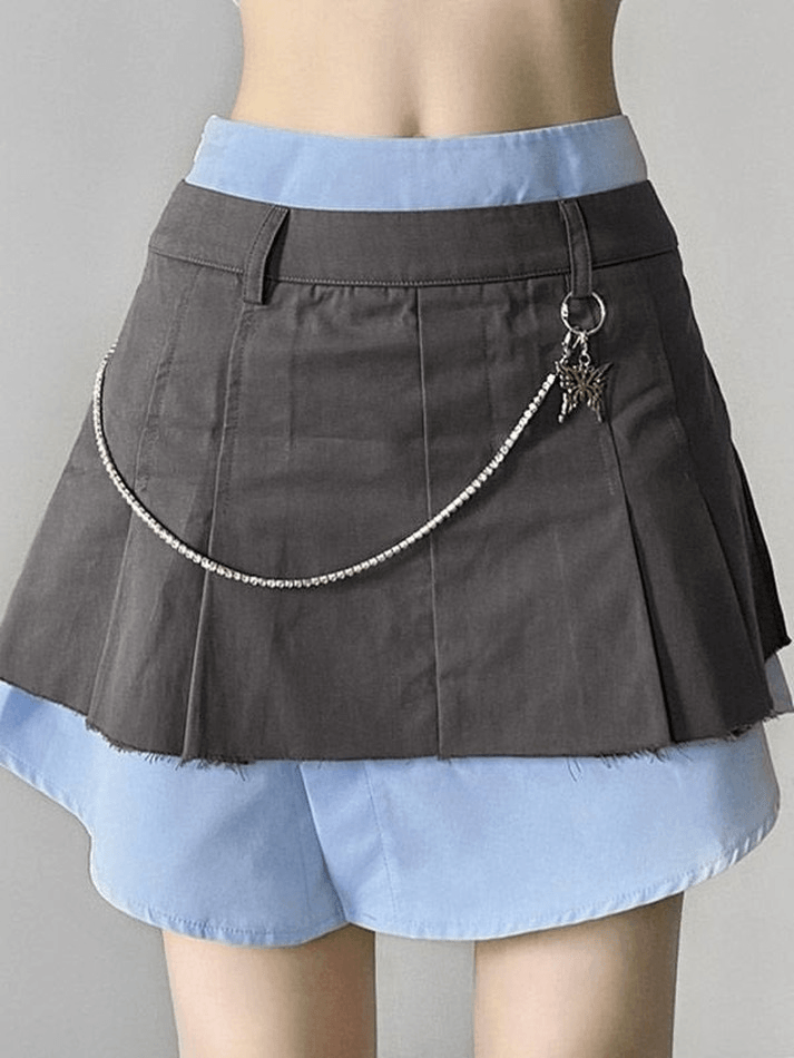 Chain Embellished Patchwork Pleated Cargo Mini Skirt