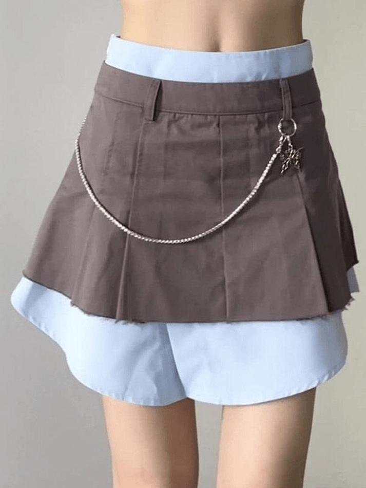 Chain Embellished Patchwork Pleated Cargo Mini Skirt