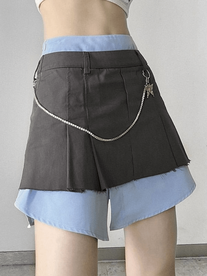 Chain Embellished Patchwork Pleated Cargo Mini Skirt