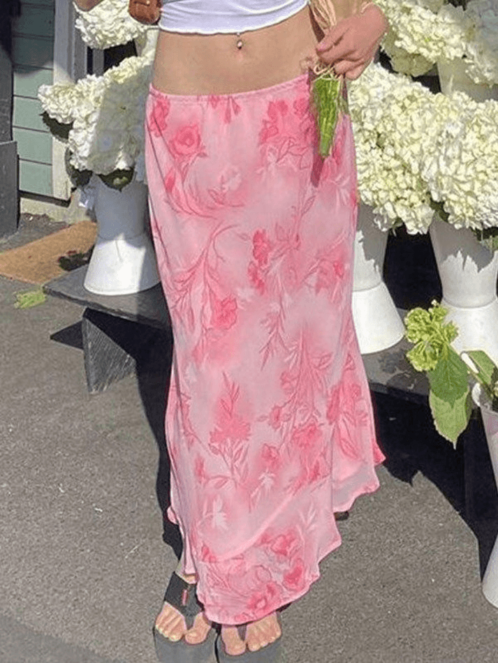 Chiffon Floral Print Midi Skirt - MomyMall Pink / S