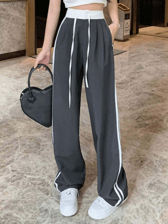 Contrast Striped Straight Leg Pants - MomyMall