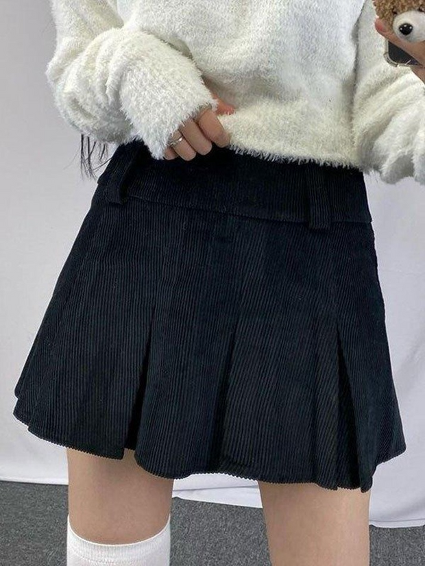Corduroy Pleated Mini Skirt - MomyMall Black / S