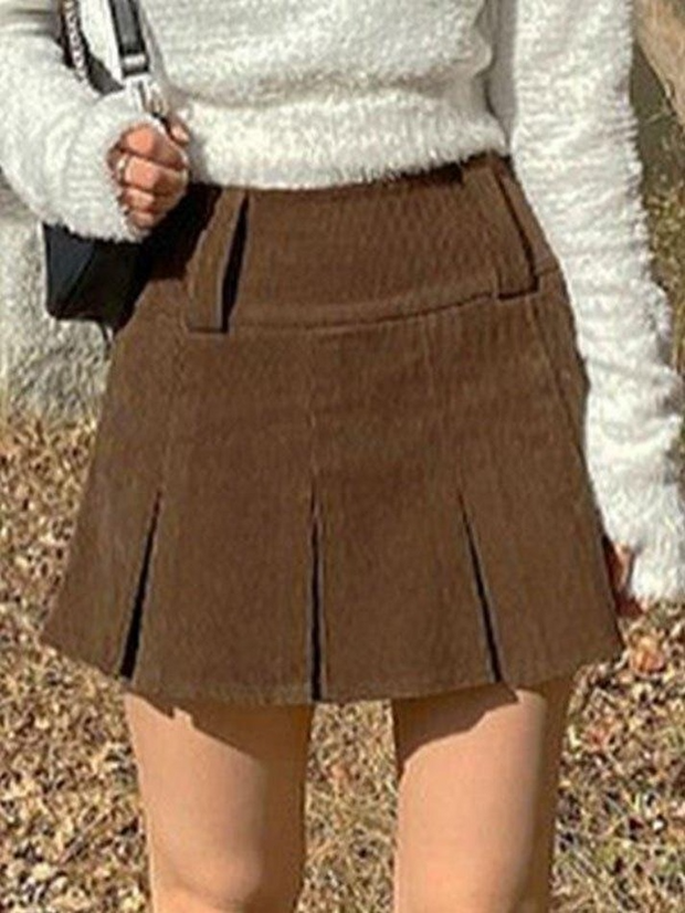 Corduroy Pleated Mini Skirt - MomyMall Brown / S