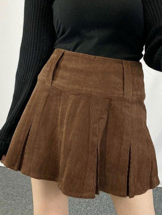 Corduroy Pleated Mini Skirt - MomyMall