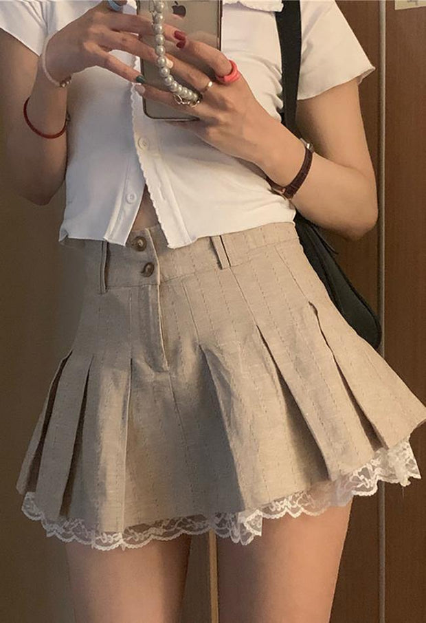 Cotton Linen Pleated Mini Skirt - MomyMall Khaki / S