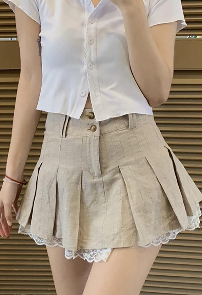 Cotton Linen Pleated Mini Skirt - MomyMall