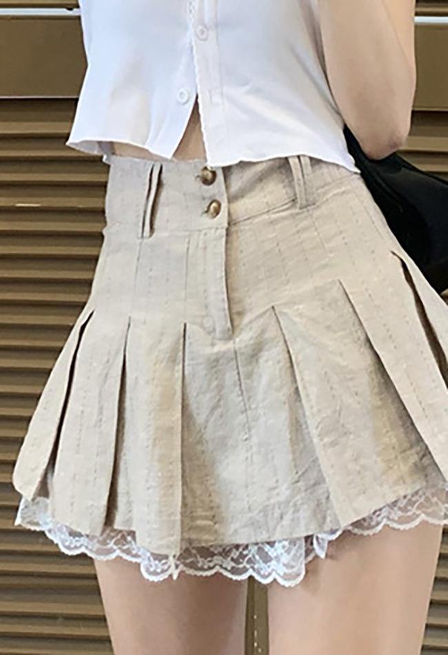 Cotton Linen Pleated Mini Skirt - MomyMall