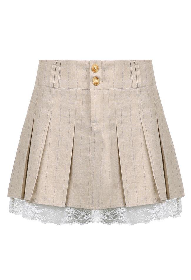 Cotton Linen Pleated Mini Skirt - MomyMall