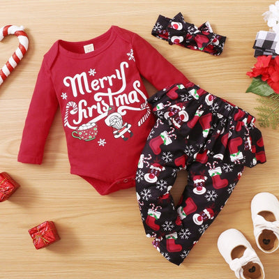 3PCS Merry Christmas Printed Baby Set - MomyMall Red / 0-3 Months