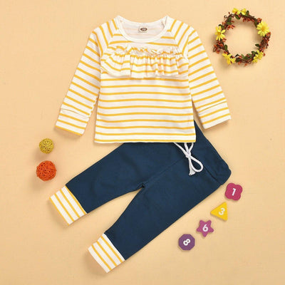 2PCS Baby Girl Round Collar Lace Stripe Printed Top With Lace-up Pants Baby Set
