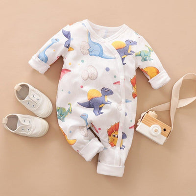 Newborn Baby Lovely Cartoon Mother Dinosaur Printed Long-sleeve Jumpsuit - MomyMall White / 0-3 Months