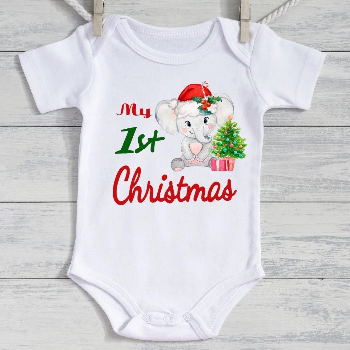 My 1st Christmas Cartoon Elephant Printed Baby Romper - MomyMall White / 0-3 Months