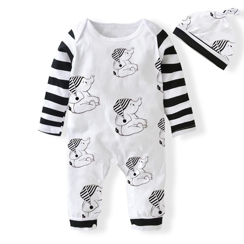 2PCS Cartoon Elephant Print Long Sleeve Baby Jumpsuit